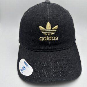 Adidas Strapback Hat Cap Womens Originals Relaxed Black Denim Gold Trefoil Logo